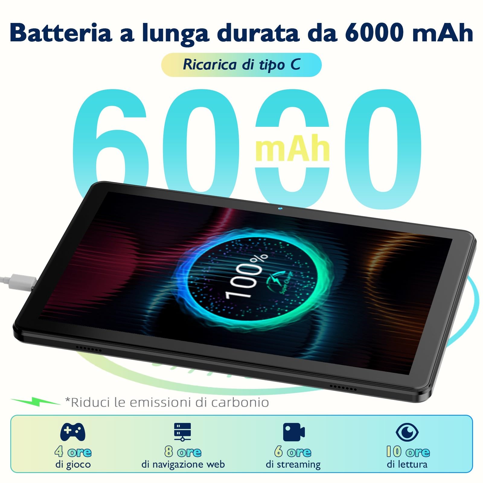 Rebecco Tablet 10 Pollici, Tablet Android 15 Gemini AI, 18GB RAM + 128GB ROM + 1TB TF, Octa-Core, Schermo Touch IPS HD 1280x800, Batteria 6000mAh, Widevine L1, WiFi 5G & BT 5.0, Doppia Fotocamera Z50