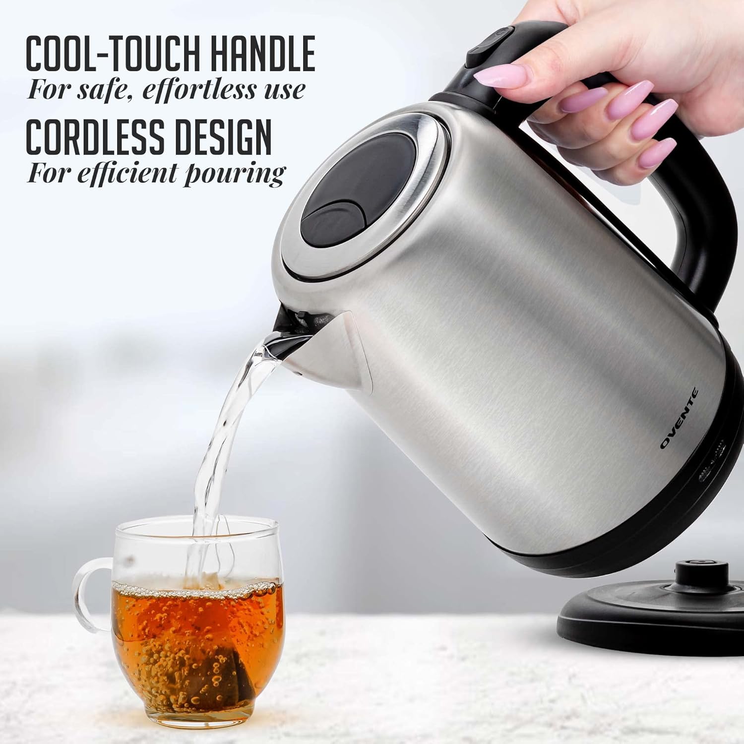 OVENTE Electric Tea Kettle Stainless Steel 1.7 Liter Portable Instant Water Boiler Heater 1100W Power Fast Boiling with Cordless Body and Automatic Shut Off for Coffee Milk Chocolate Silver KS27S