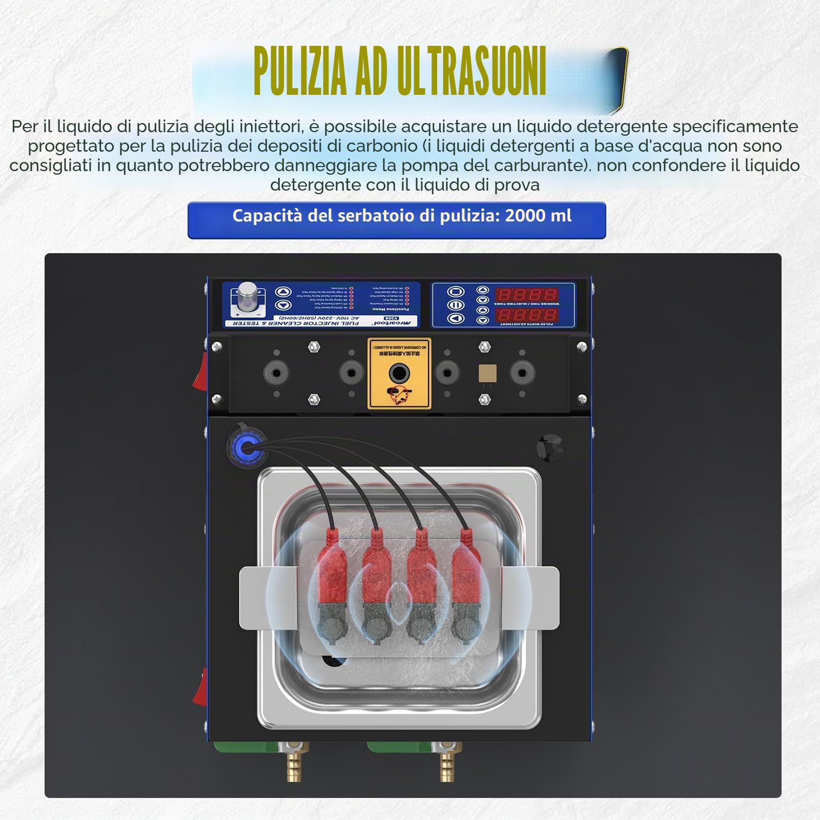 Ultrasuoni Iniettore Pulitore & Tester con Riscaldamento 45℃ | 4 cilindri Compatibile per Auto, Moto & Carburanti Iniettori Comuni, Rimozione del Carbonio Efficace & Test Funzionale