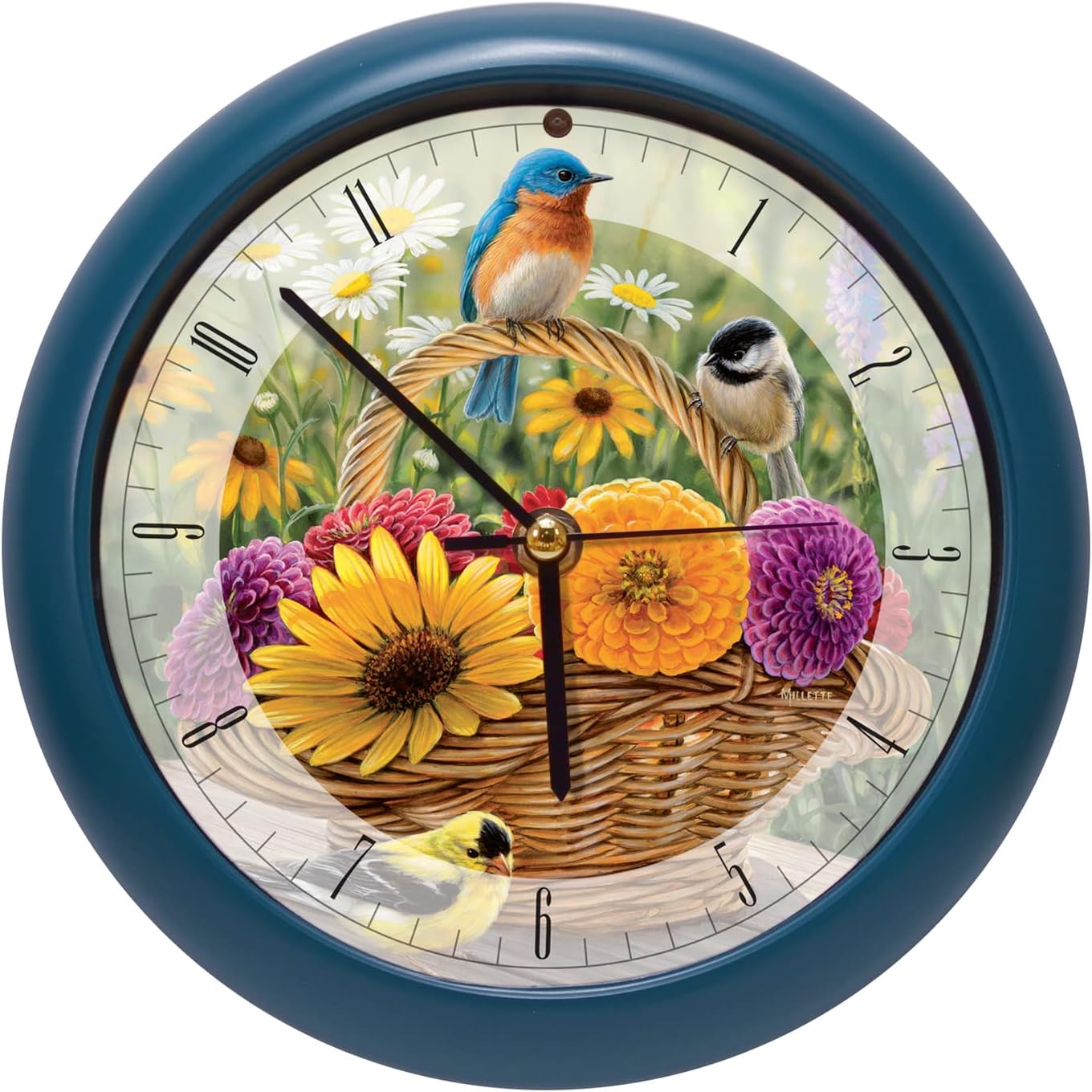 Mark Feldstein & Associates Wild Wings Rosemary Millette Summer Bouquet Clock with Original Bird Sounds, 8", for Wall or Desk