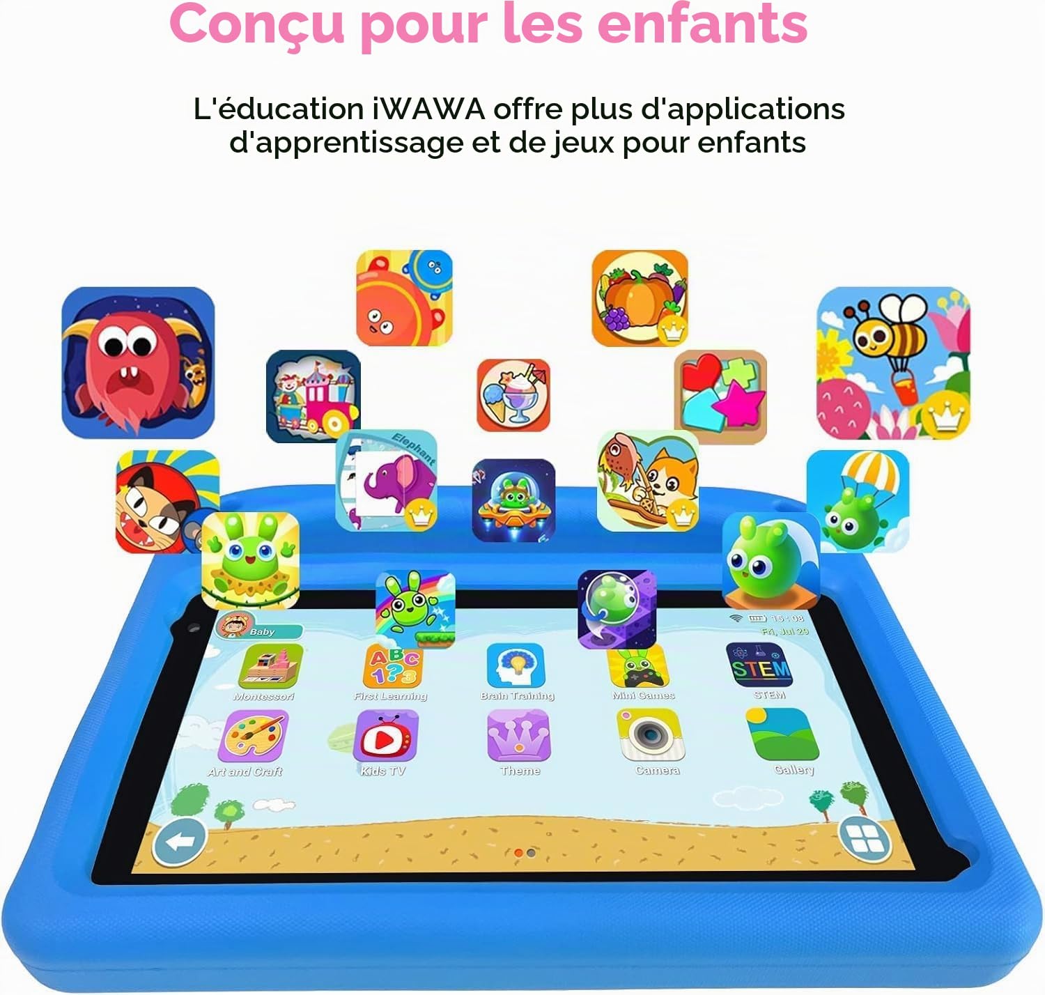 GOODTEL Tablette Enfants Android de 7 Pouces, 32Go ROM, WiFi, Bluetooth, GPS, Play Store Installé, Double Caméra, Contrôle Parental, Emplacement MicroSD, avec étui pour Tablette -Bleu