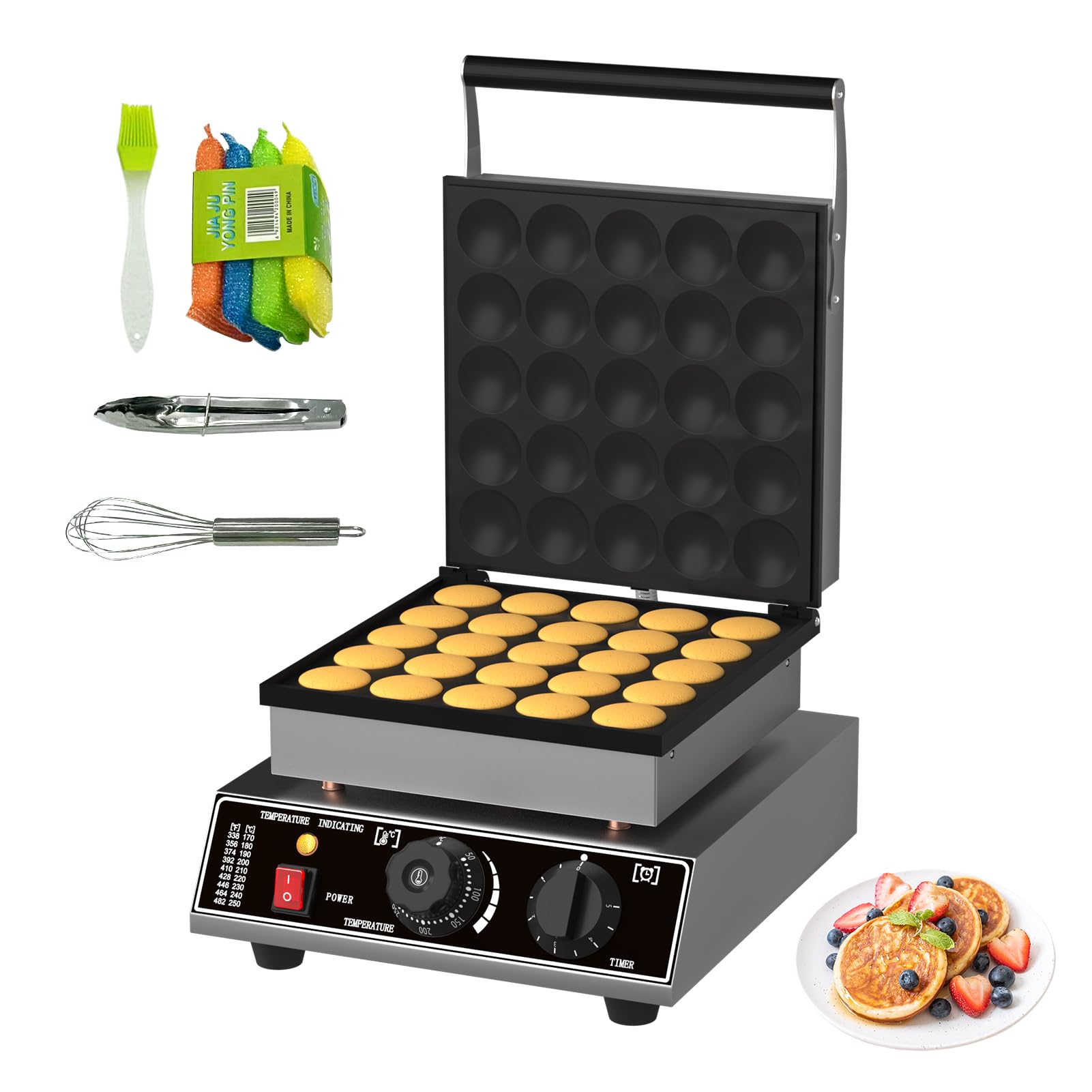 Commercial 25 PCS Mini Dutch Pancake Maker, 1750W Electric Mini Pancakes Maker Machine with Temp &amp; Time Control, Non-Stick Surface, Stainless Steel, for Home Kitchen Bakery Snack Bar
