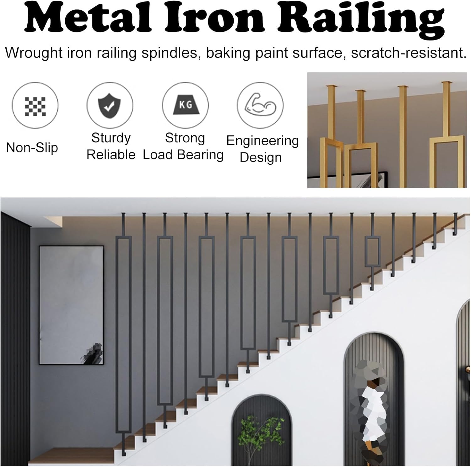 Side Mount Stair Baluster Black, 20 90 100 120 150 200 220 230 240 Height Wrought Iron Staircase Spindles for Internal Attic Steps, Handrail Railing Post/Column(Black A,20cm/7.9in/0.7ft)