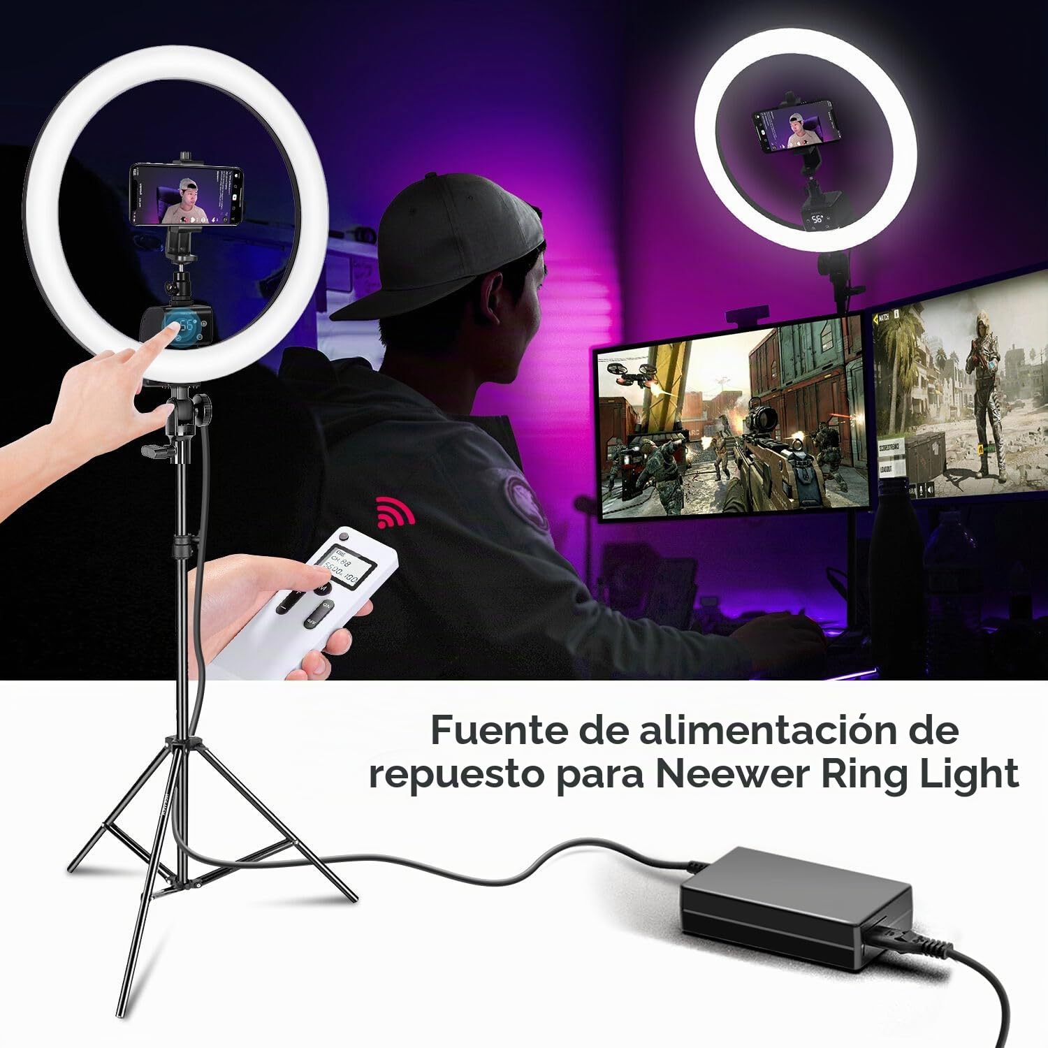 KFD DC 15V Adaptador de Corriente para Neewer Fotografía 14" 18" Photo Studio Ring Light Fuente de Alimentación Trípode Foto Estudio Anillo Luz NW-150480D2 Cable de Alimentación