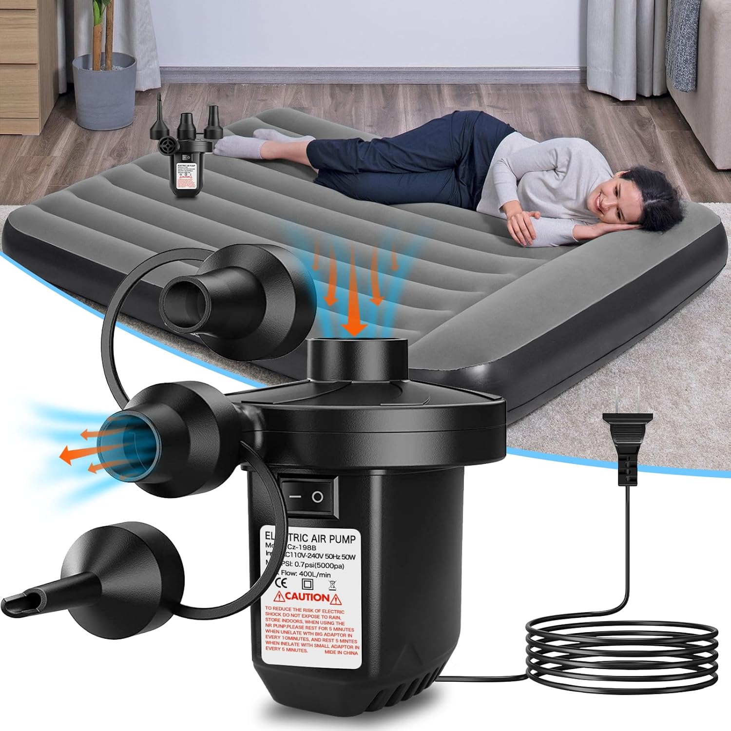 Bomba de aire eléctrica para inflables, bomba de aire portátil con 3 boquillas, bomba de colchón de aire de llenado rápido de 5 Kpa, bomba de aire