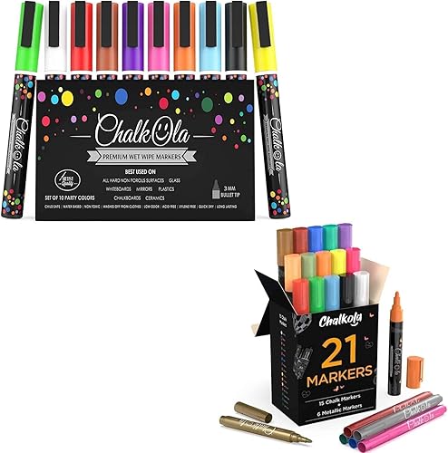 Paquete de 21 marcadores (neón y metálicos) + 10 bolígrafos de tiza de neón