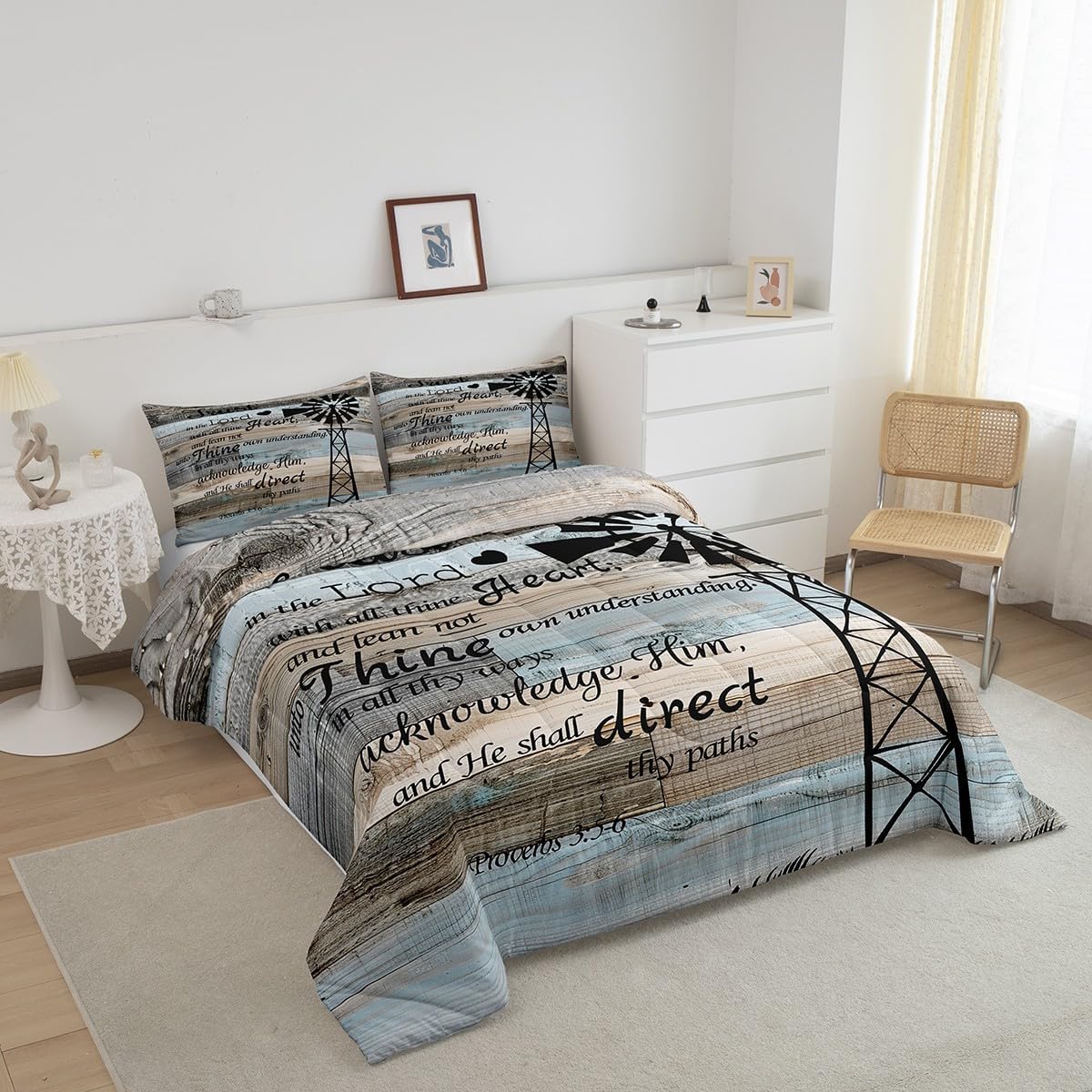 Erosebridal Rustic Wooden Duvet Insert Twin Farmhouse Windmill Bedding Set Patchwork Country Comforter Set for Kids Boys Girls,Brown Gray Blue Vintage Barn Door Quilt Set Cabin Lodge Decor 2 Pcs