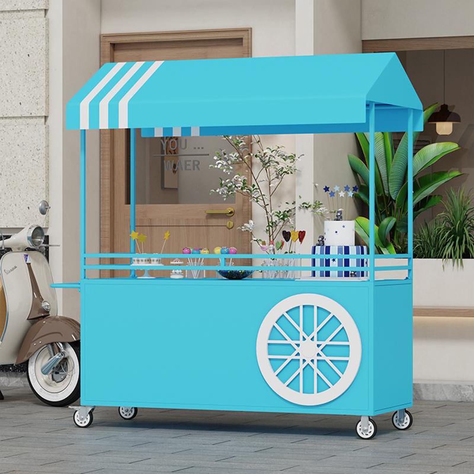 Espositore alimentare mobile con ruote bloccabili, banco pieghevole portatile, carrello con ampio spazio di stoccaggio, carro in ferro per mercati, eventi di street food e festival