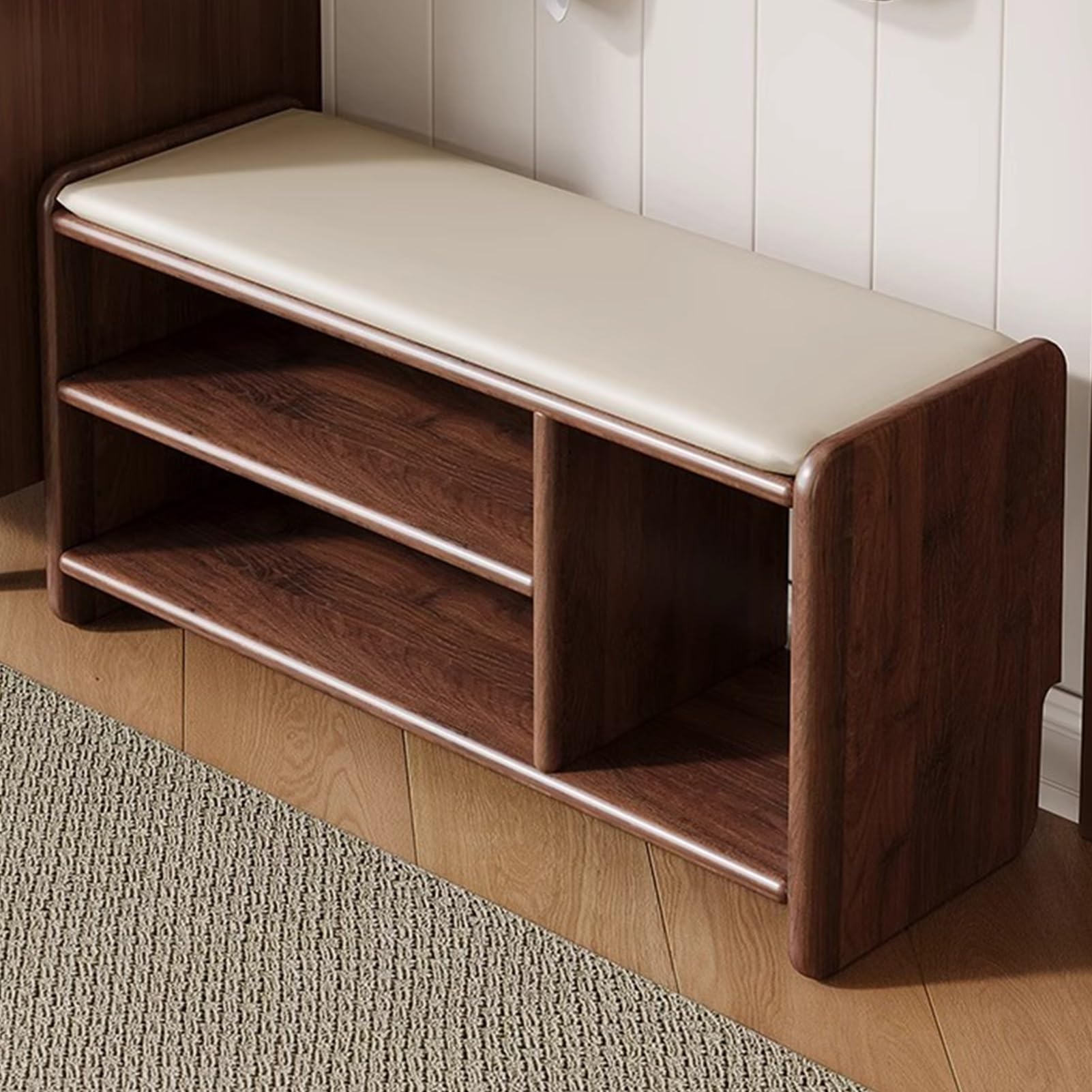 Banc de rangement pour chaussures en bois massif au design noyer raffiné