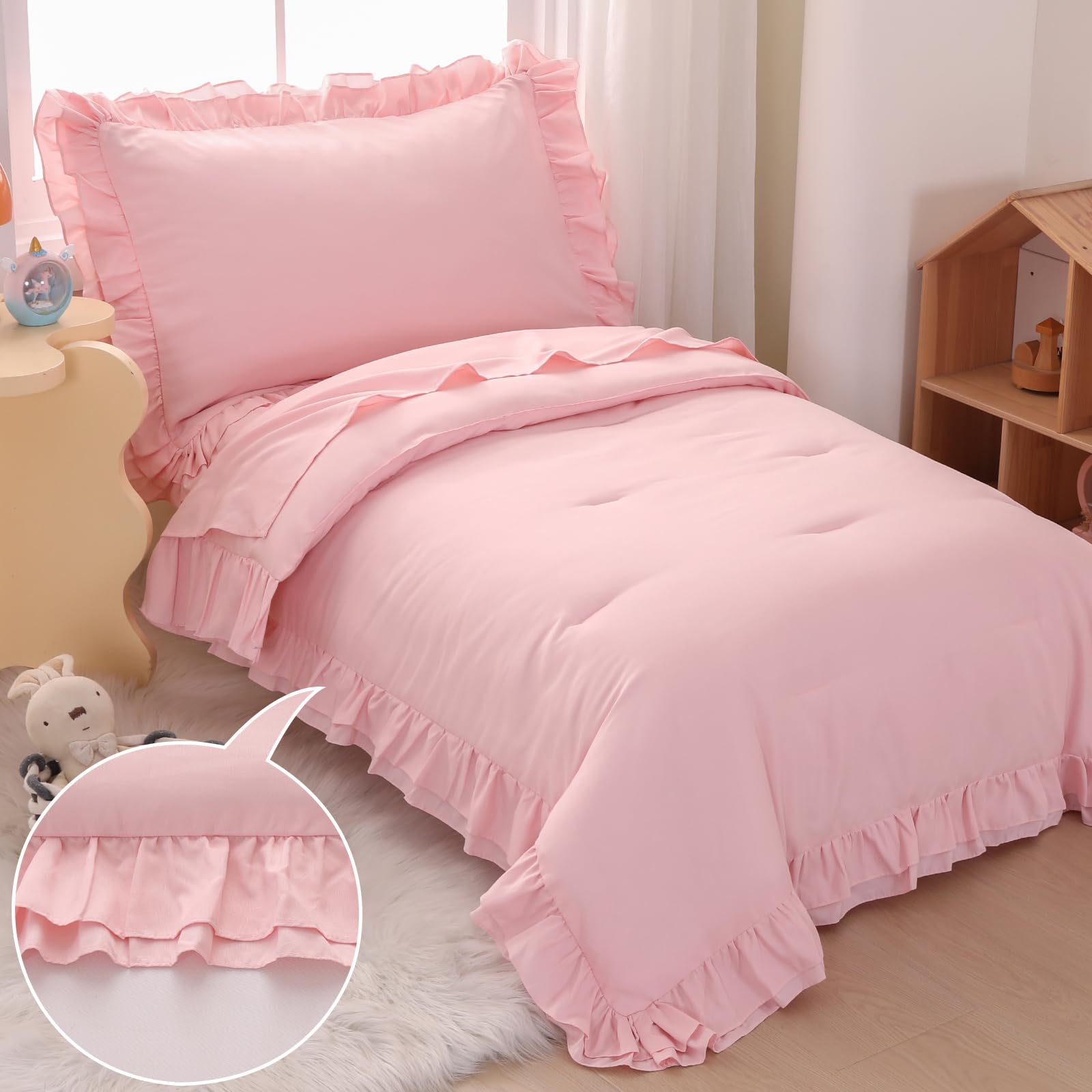 Juego de ropa de cama rosa claro, ropa de cama de 4 piezas para niñas pequeñas, edredón bohemio con diseño de volantes, juego suave y transpirable con edredón, sábana bajera, sábana encimera