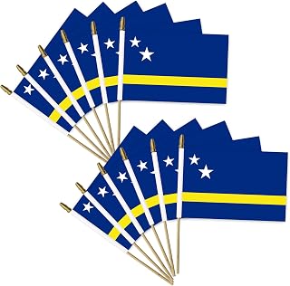 12 Pack Small Curacao Flag Stick 5.3'' x 8.3'' - Handheld Curacao Flags with Wooden Sticks Spear Top, Mini Country Flag Hand Waving Sticks for National Day Curacao Party Decorations