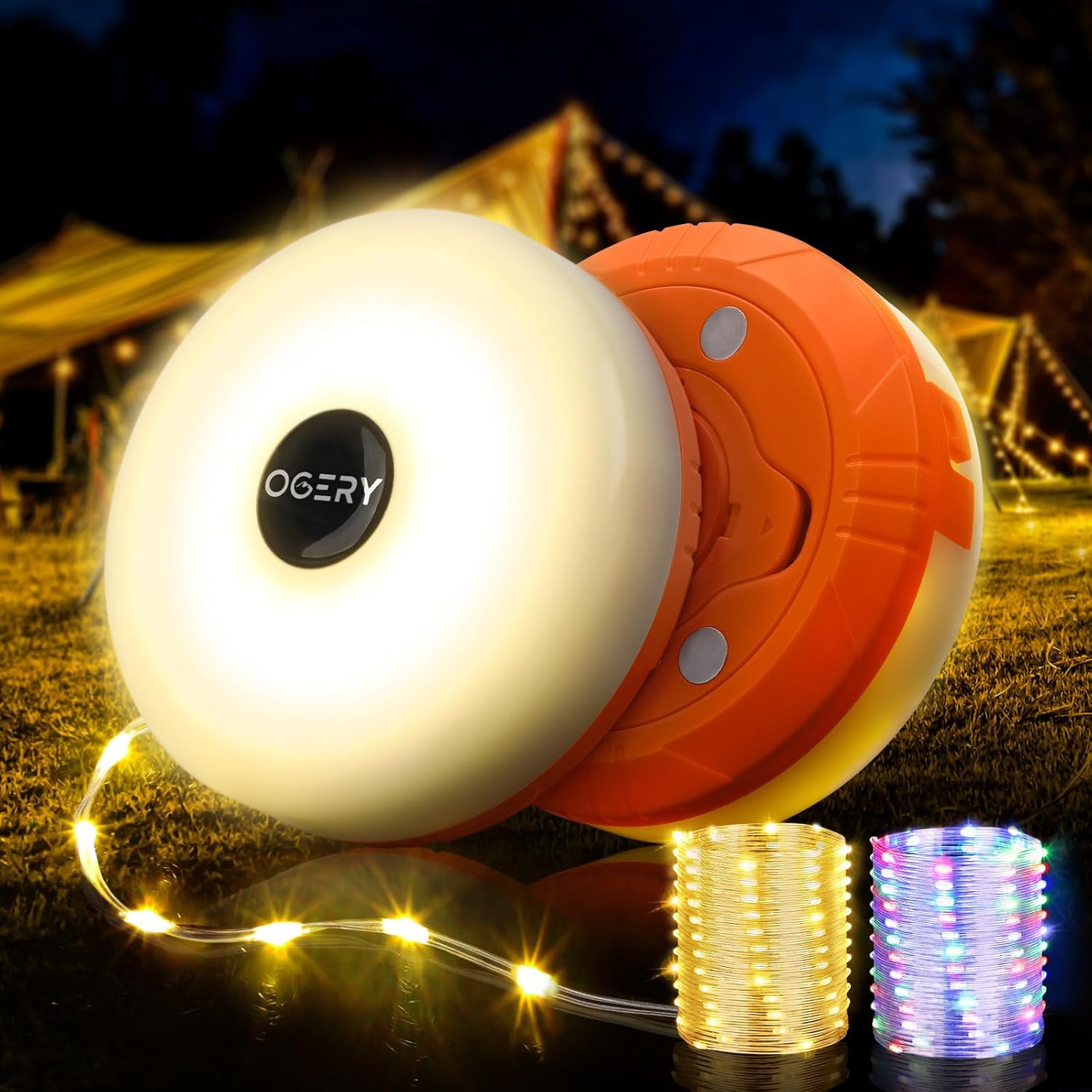 OGERY 2-Pack Camping String Lights, 2 in 1 Quick Storage 32.8FT Rechargeable Tent Lights String with 8 Lighting Modes, Hanging Waterproof Portable LED Lamp for Christmas Decor Party Bedroom Yard