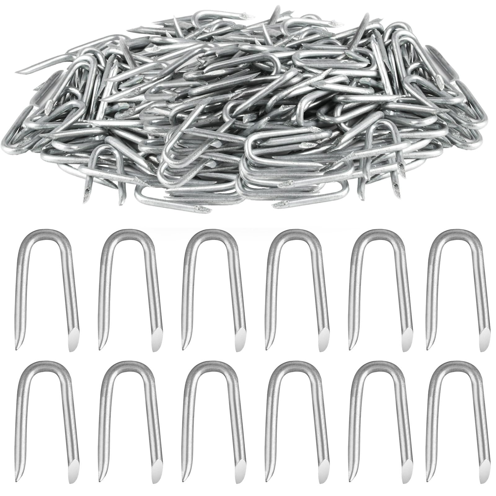 300 Chiodi a U, Zincati, Acciaio, 1.2x2.4 cm, Argento, per Recinzioni, Fissaggio Filo Spinato, Tessuto Anti-Erba