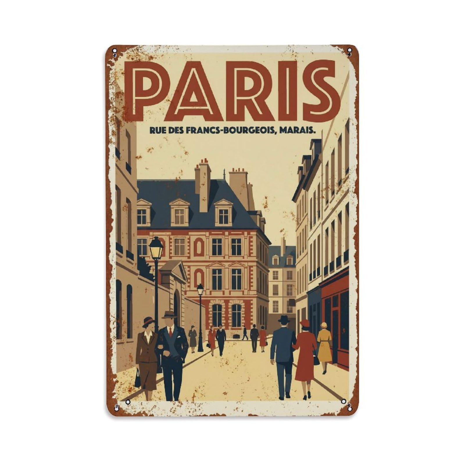 Vintage Travel Paris Rue Des Francs-Bourgeois Historic Street Rusted France Metal Tin Sign Plaque Wall Decor for Cafe, Club Bar, Office, Home Garden Metal Poster 8x12Inch
