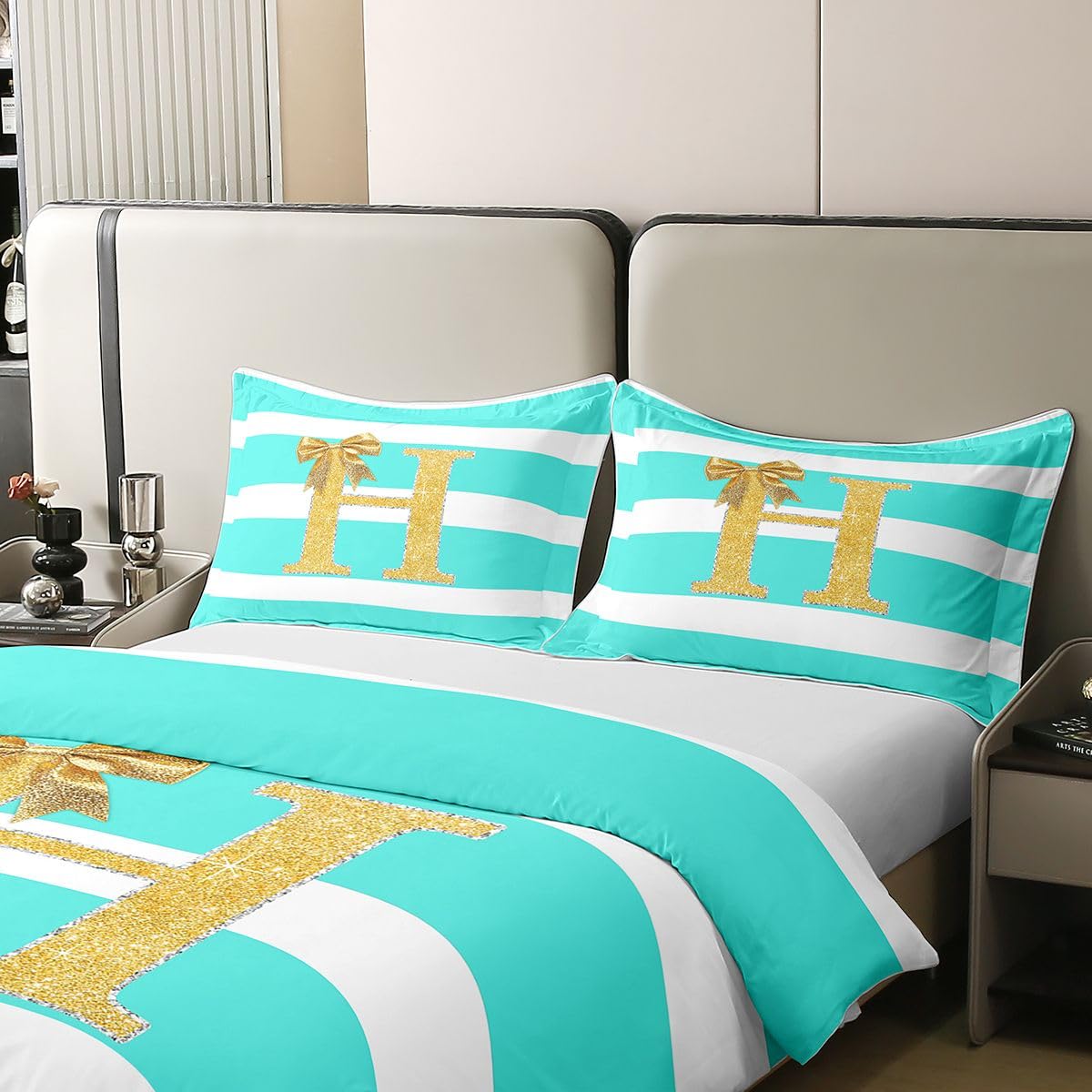 Homewish Monogram litera H King pościel złota kokardka dziewczyny bawełna poszewka na kołdrę zestaw spersonalizowane początkowe paski poszwa na kołdrę księżniczka muszka zestawy łóżek
