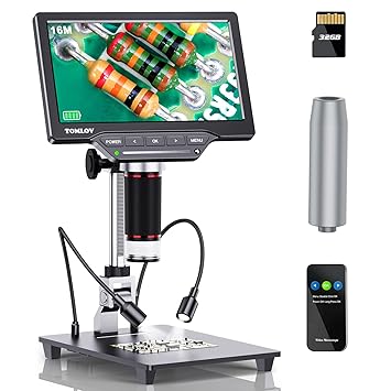 TOMLOV DM201 HDMI Digital Microscope, 7 inch Microscope with Screen,Extension Tube Included,16MP Coin Microscope for Adults,Video Soldering Microscope,TV/Windows/Mac Compatible,32GB Included
