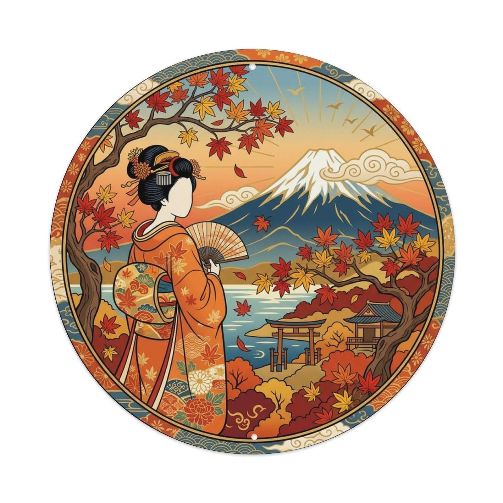 Japanese Elegant Lady Fuji Autumn Maple Heritage Scene Metal Tin Sign
