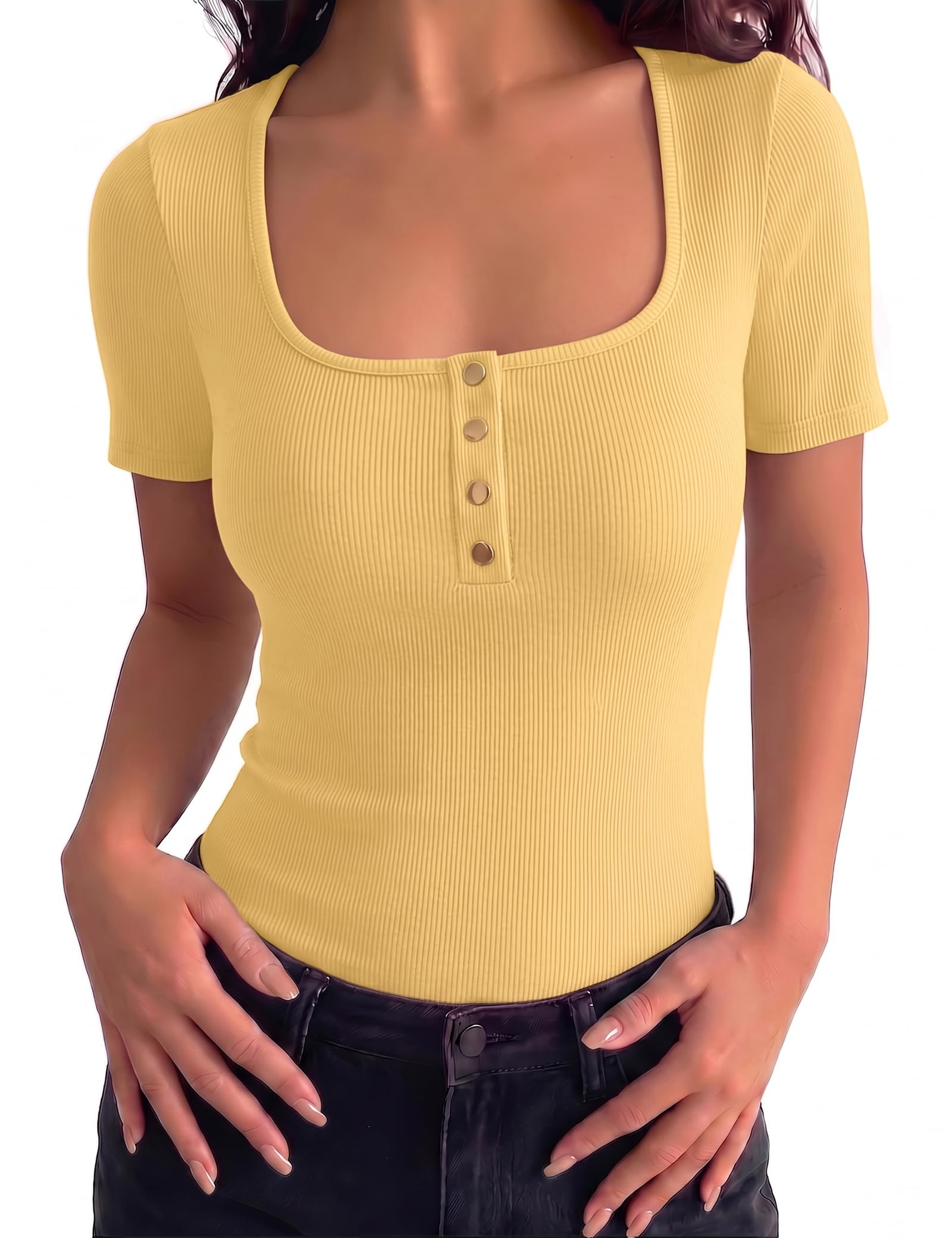 Gyabnw Damen Shirt Kurzarm V-Ausschnitt Knöpfen Sommer Basic Top Bluse Elegantes Tshirt Rippshirt Casual Oberteile
