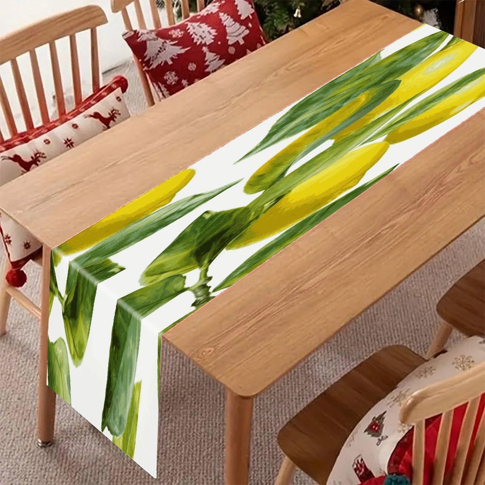 Rustic Linen Table Runner Farmhouse Style Lemon Branch Leaves Table Runners Boho Style Tabletop Collection Home Long Dining Table Decoration for Party Living Room 13" X 71"