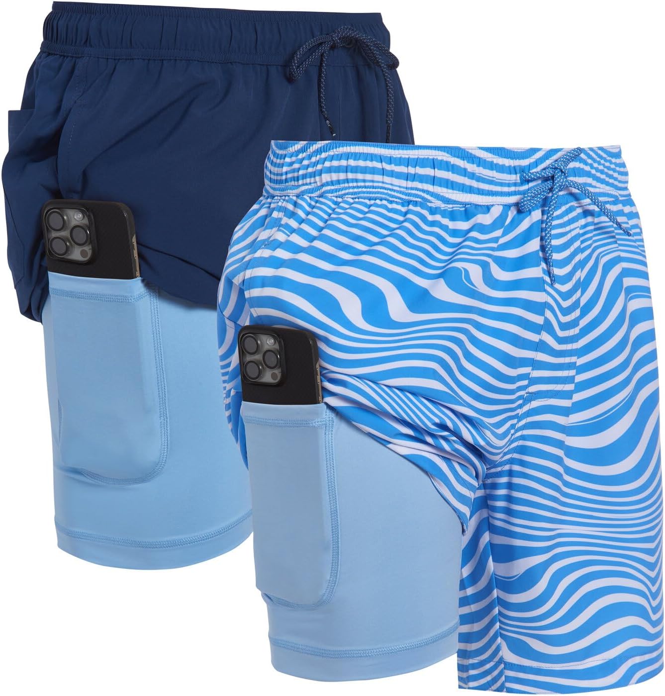 Mens 2 Pack Swim Trunks with Compression Liner Anti Chafing 7 inch Inseam Stretch Quick Dry Swim Shorts with Phone Pocket