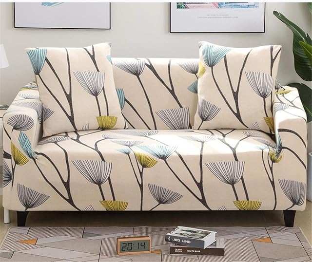 WONGS BEDDING 1-Piece Dandelion Sofa Cover Slipcover Soft Polyester Plant Printed Sofa Protector with Elastic Bottom (3 Seater,190cm-230cm)