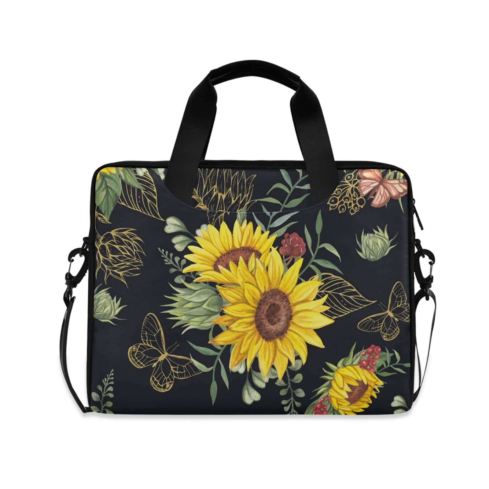 Gold Butterflies And Sunflower Laptop Bag Case 13 14 15.6 inch Laptop Messenger Bag Crossbody Briefcase for Men Women with Shoulder Strap Handle