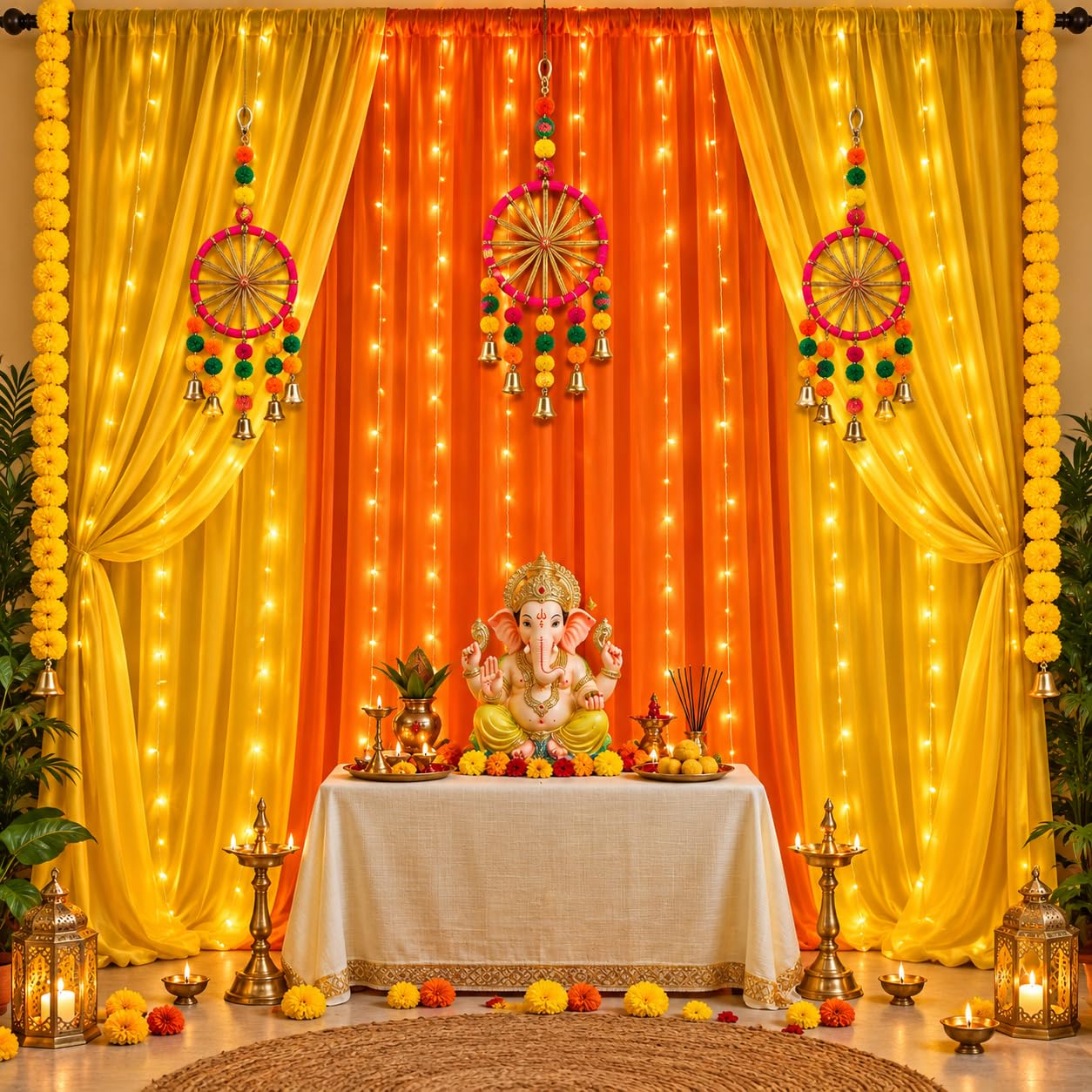 Shimmers Ganpati Decoration Kit (10 Pieces) – Orange & Yellow Curtain Backdrop | Dream Catcher Hanging & Hooks for Festival Navratri,Haldi, Pooja Home Decoration