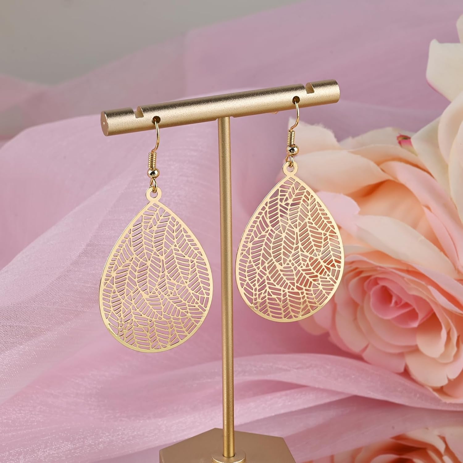 Gold Teardrop Drop Dangle Earrings Leaf Earrings for Women Trendy Filigree Hanging Earrings for Gift - Image 6