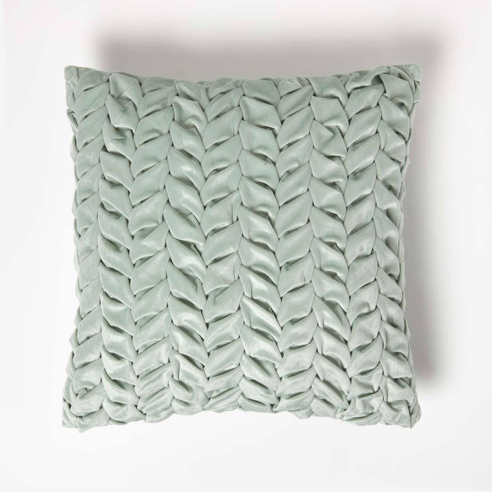 Homescapes Grace Pleated Velvet Cushion in Green | Size: 45cm x 45cm