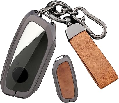 Key Fob Cover Fit for BMW 2023-up Key Accessories Compatible with BMW 7 Series 760i X7 IX i7 XM 2023 for BMW X5 X6 2024 2025 Alloy& Leather Key Shell with Keychains-Brown