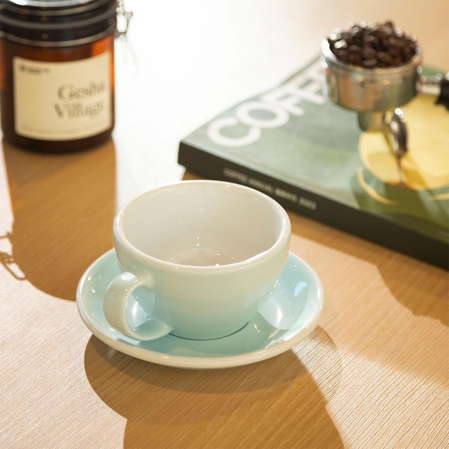Loveramics Taza de café con platillo, tazas de café de cerámica de 10 onzas con fondo redondo para latte, capuchino, té, espresso, juego de tazas de cerámica de pared gruesa para barista, colores