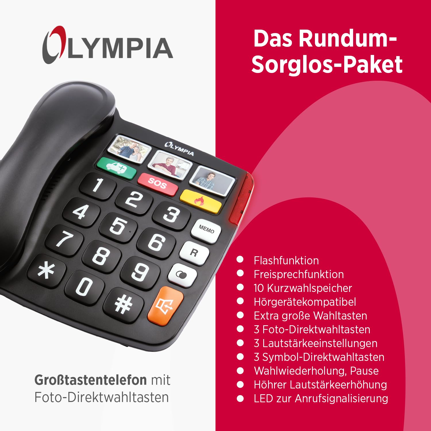 Olympia Großtastentelefon 4500 | Seniorentelefon Festnetz | extra große Wahltasten | Hörgerätekompatibel | Senioren Telefon mit Kabel | 3 Foto-Direktwahltasten | Festnetztelefon mit Schnur | schwarz