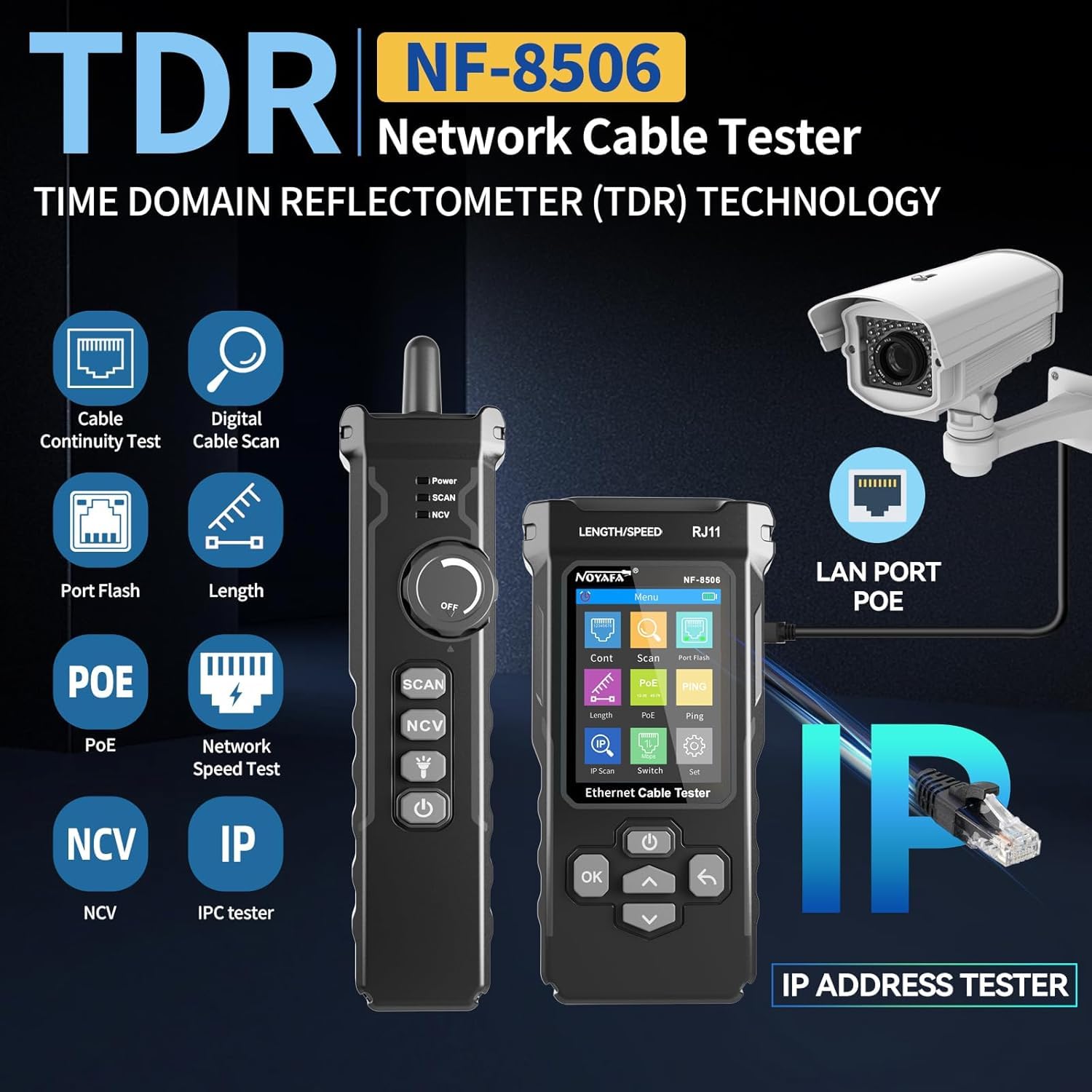 NOYAFA NF-8506 Tester di Cavi di Rete – Tester Ethernet con Ping, Scansione IP e TDR, Test Velocità Rete, Lampeggio Porte, Rilevatore Cavi RJ45 RJ11, CAT5 CAT6