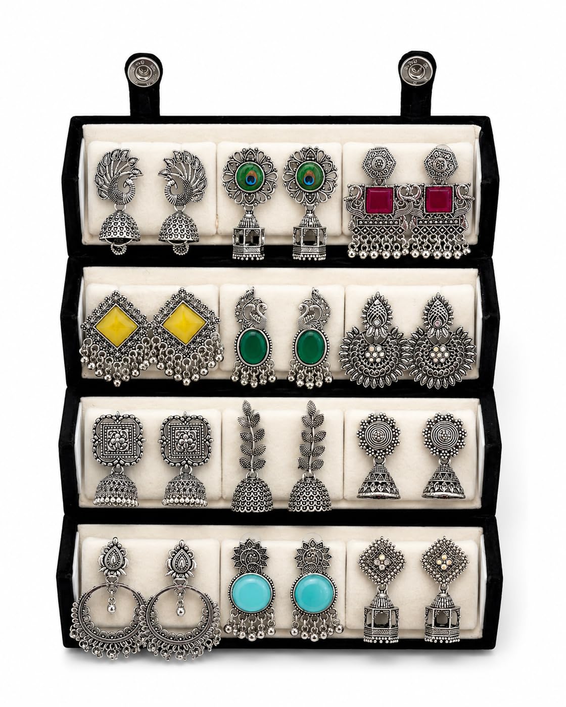 12 Pairs Oxidised Silver Earrings Set for Women with Jewellery Organisers Foldable Organizer Box | Traditional Afghani Latest Stylish Jhumka Earring Gifts for Girls (17480er_BOX1025)-image-42