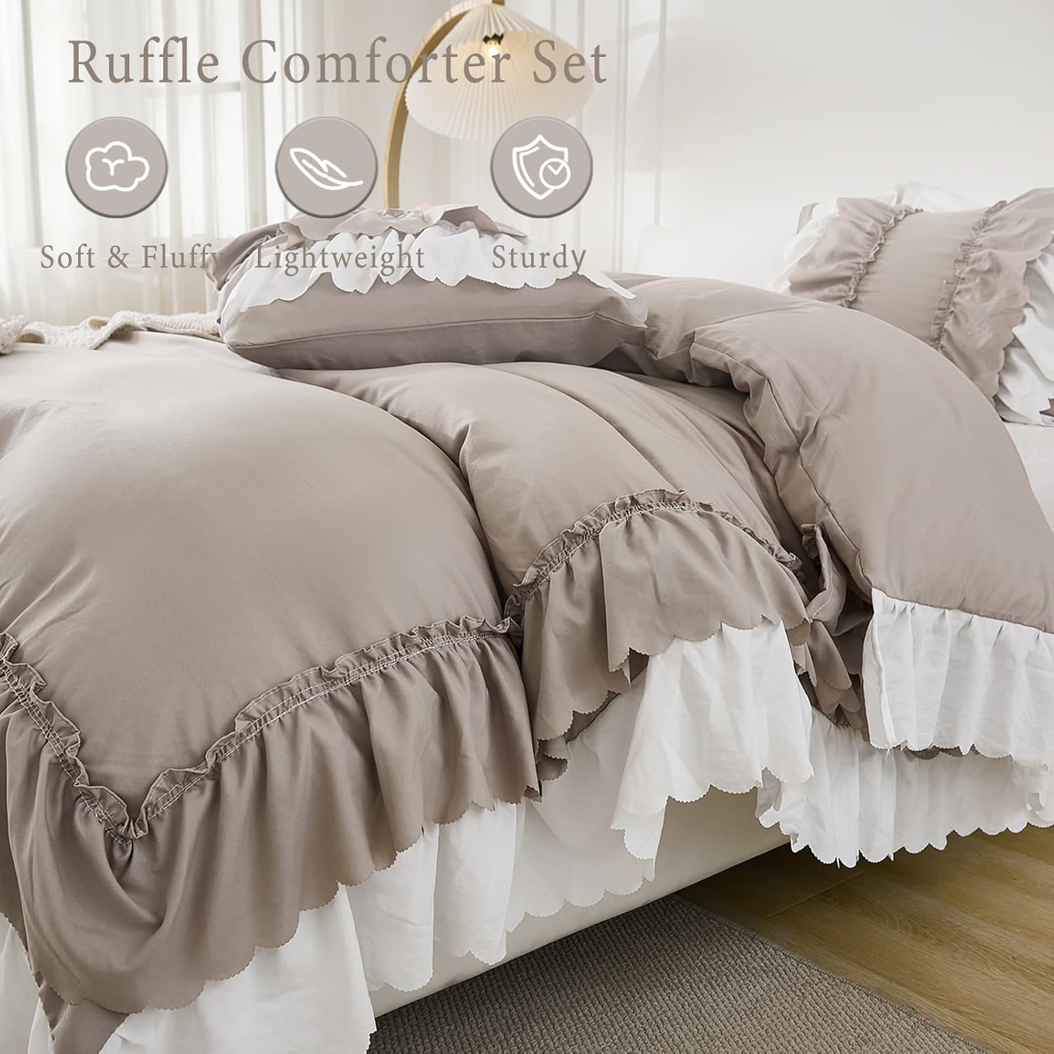 Herside Taupe Ruffle Comforter Set Queen Size,Shabby Chic Boho Bedding Sets, Soft Fluffy Comforters Sets for All Season,Vintage Ruffled 3 Pcs Microfiber Lightweight Quilt Set for Women Girls - Image 3