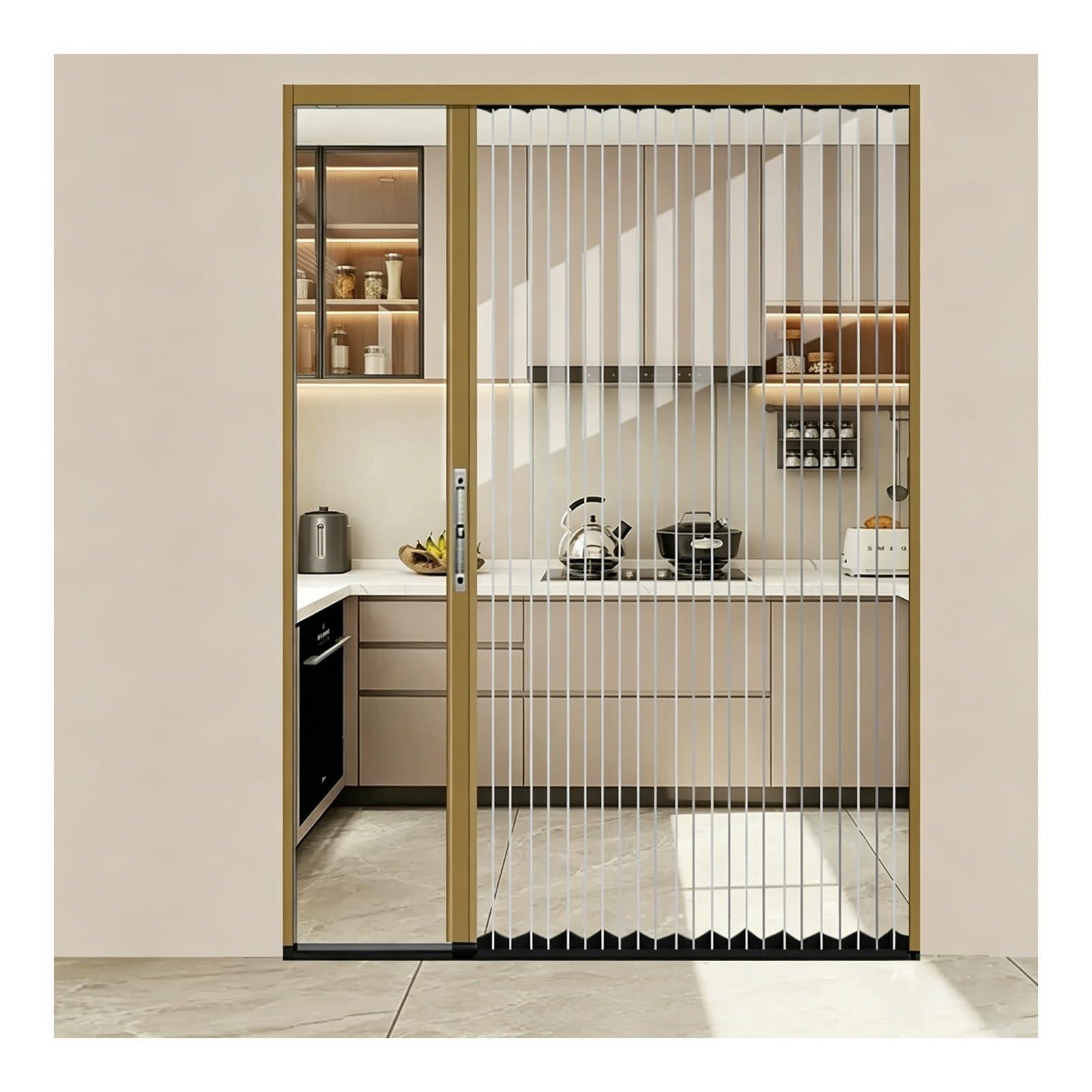 Kphymod Champagne Custom Clear Pc Room Divider Accordion Folding Door, Renter Safe No Drill Aluminum Partition With Key Lock For Apartment Rental House(,92.6X210cm)