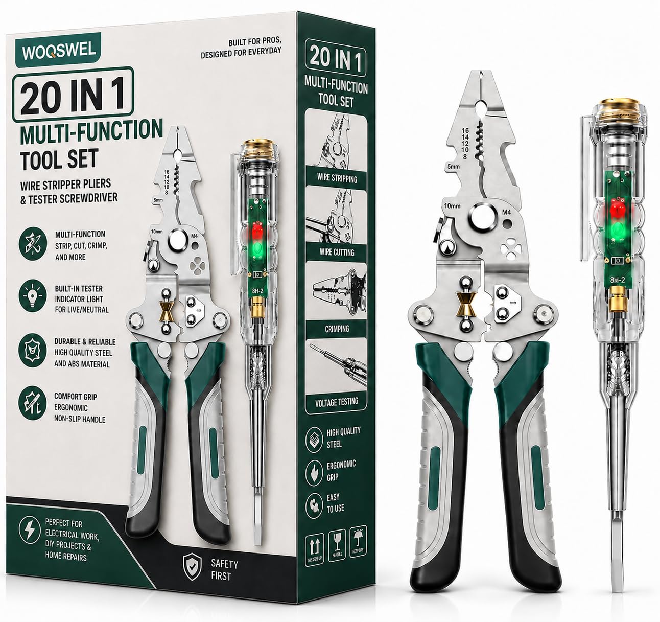 20-in-1 wire stripper tool kit with tester screwdriver | multi function wire stripping, cutting & crimping pliers | electrical repair tool for electricians, cable, diy, home & professional use