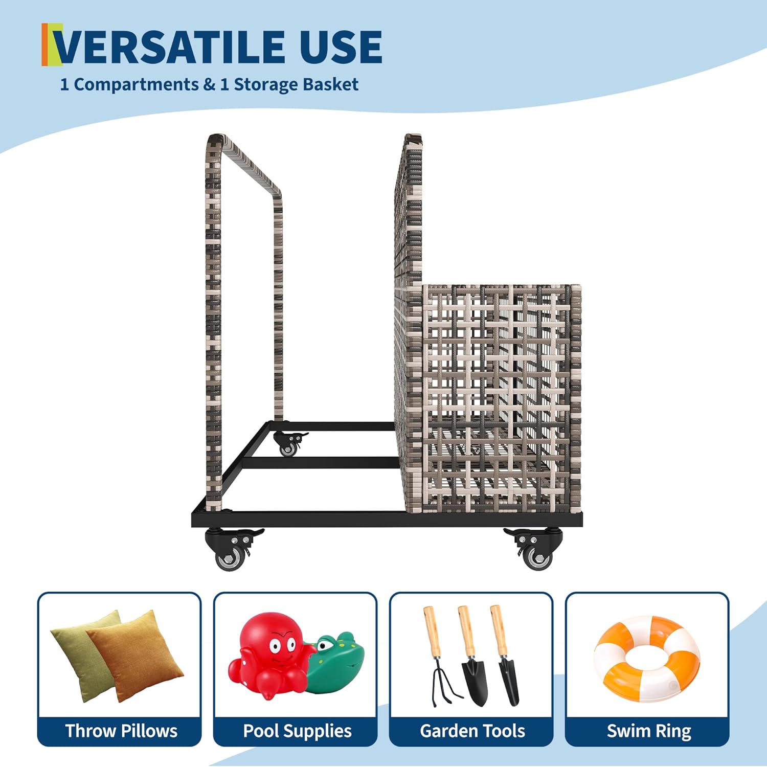 Pool Float Storage Organizer with Rolling Wheels, Outdoor Wicker Rattan Pool Caddy & Toy Storage Basket for Poolside, Patio & Deck, All-Weather PE Rattan Pool Caddy, 1 Open Compartment, Grey