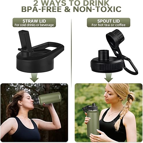 Miniatura 4 de Botella de agua aislada al vacío de 32 onzas con popote y 2 tapas botella de agua de acero inoxidable con mango de paracaídas jarra de agua