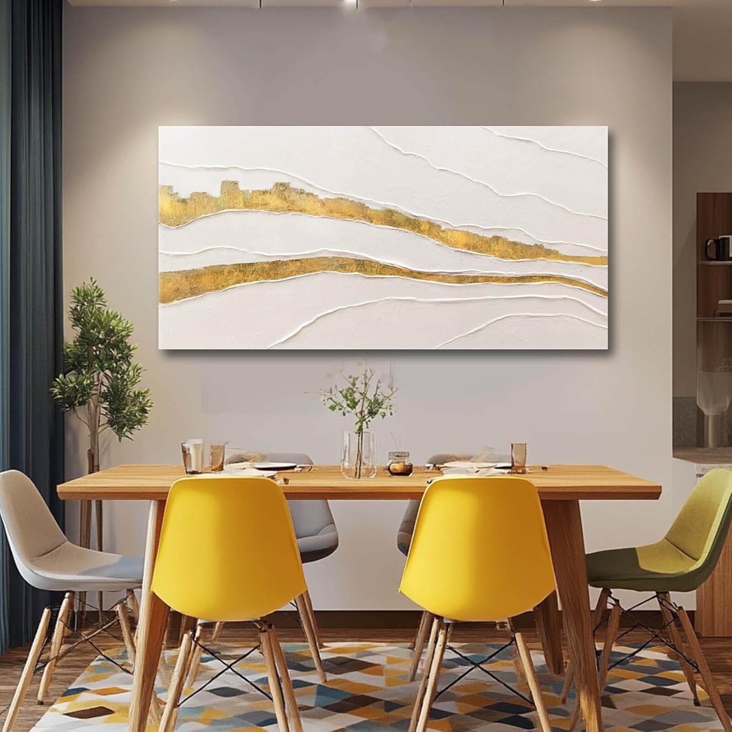 VAYIMDH Minimalist Wall Decor Line Art Gold Modern Wall Art Abstract Green White Textured Artwork for Living Room Dining Room Bedroom Picture 24x48 Inch