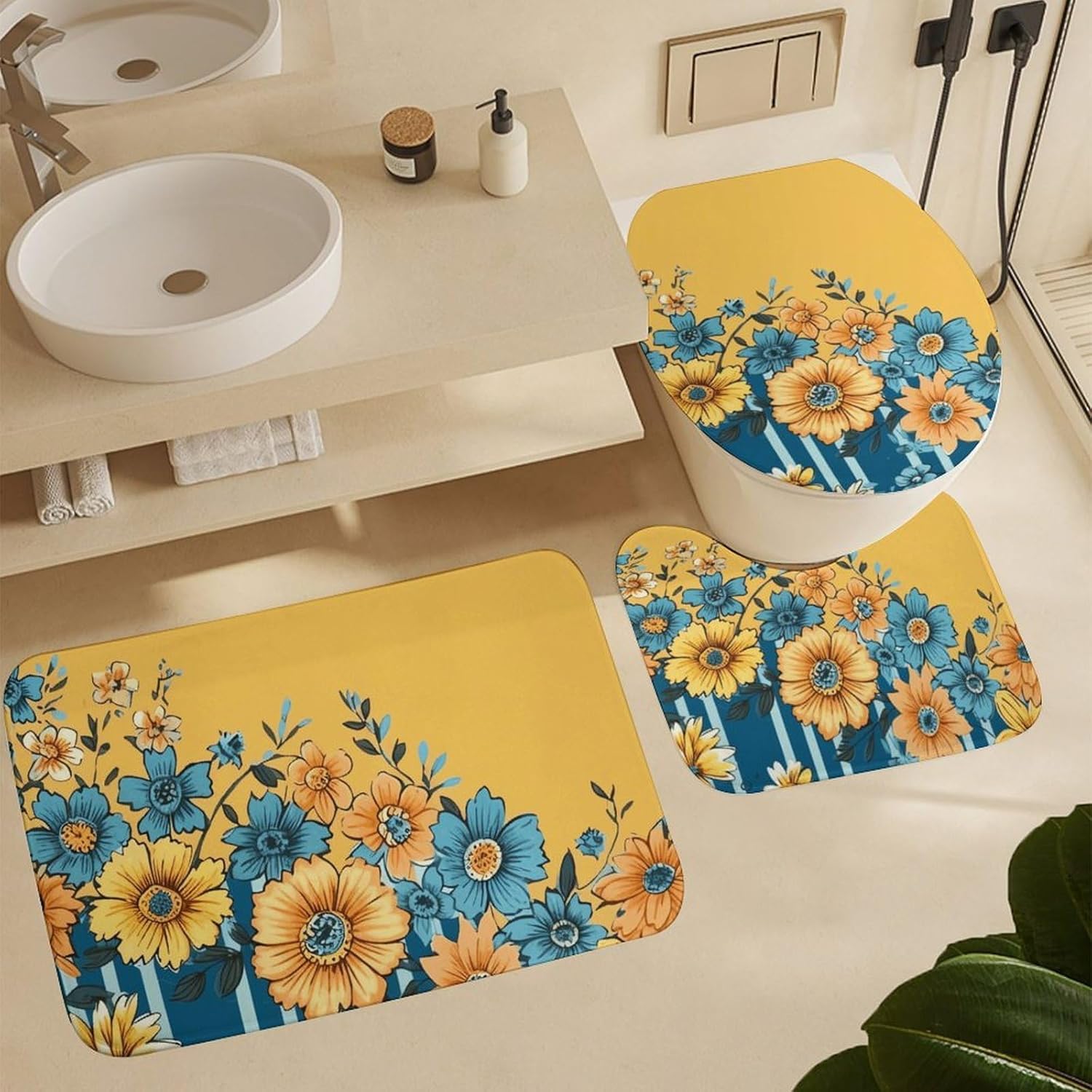Yellow and Blue Floral Shower Curtain Set 4 Piece, Non-Slip Bath Mat with Toilet Lid Cover and Waterproof Shower Curtain with 12 Hooks, Complete Bathroom Set for Home Decor