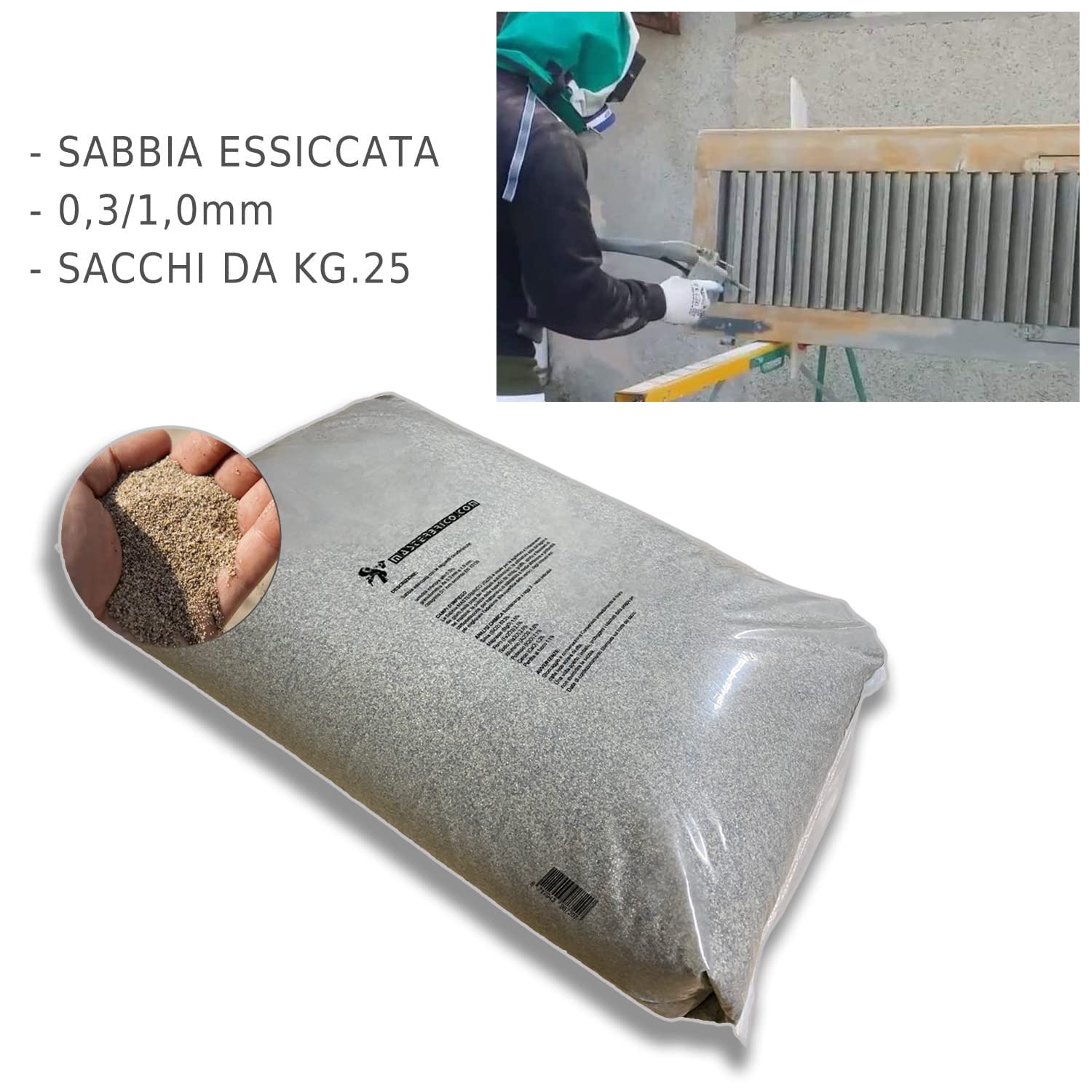 Sable pour ponceuse 0,3-1,0 mm Sac de 25 kg – Sable sec Vaga pour traitements de sablage sur bois, fer, béton et brique – Granulométrie moyenne, faible humidité