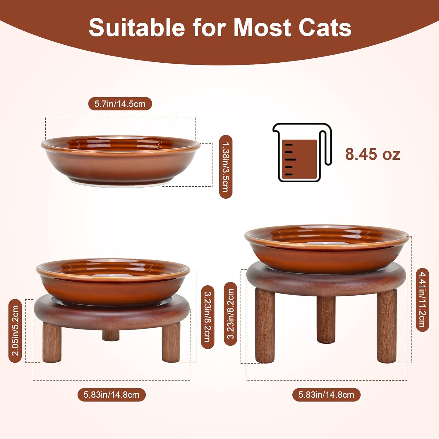SPUNKYJUNKY Shallow Elevated Cat Bowl with Acacia Wood Stand Wide Raised Ceramic Cat Dishes Whisker Friendly Pet Food and Water Plates (Striped Pattern, 2 Pack, Brown)