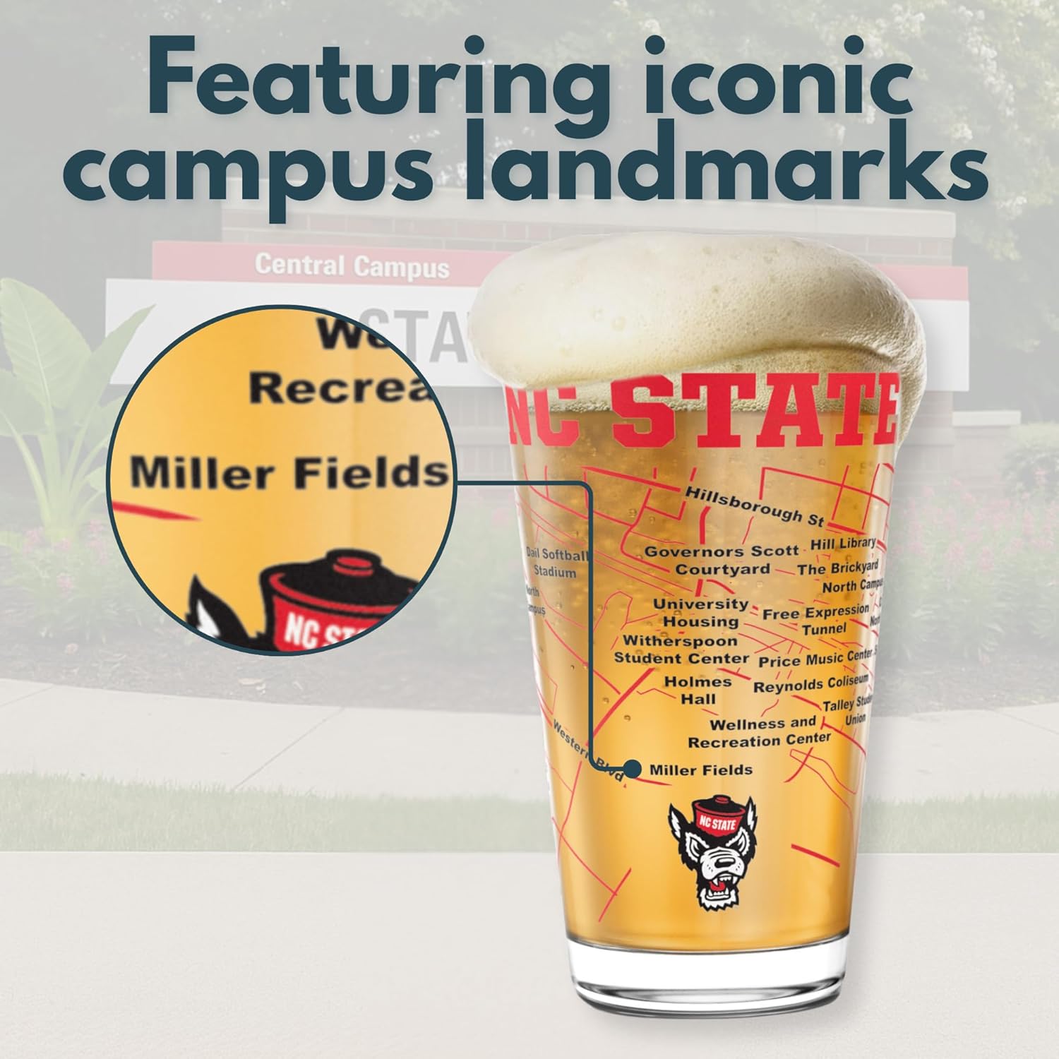 Greenline Goods – North Carolina State University Wolfpack College Pint Beer Glasses (Set of 2), 16 oz – Full-Color Logo + Campus Map