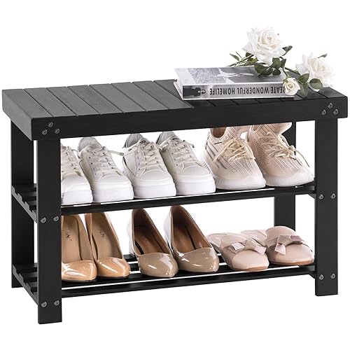 Apicizon Bamboo Shoe Rack for Entryway, 3-Tier Shoe Rack Bench for Front Door Entrance, Small Shoe Organizer with Storage, Black