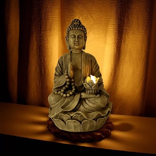 Miniatura 6 de Figura de estatua de Buda meditadora de aspecto bronce antiguo, escultura sentada, soporte de vela de 8 pulgadas con vela LED parpadeante para el