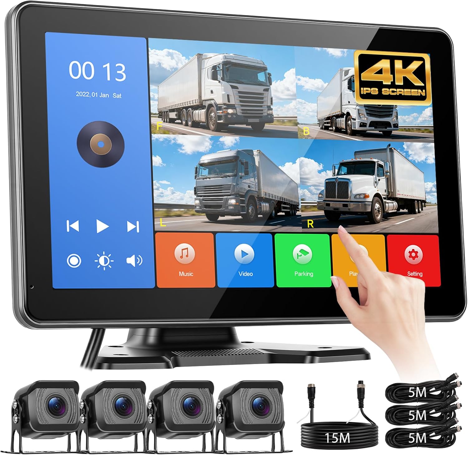 Hodozzy 4 Channel Backup Camera Monitor System, 10.1 Inch 4 Split Reversing Monitor, Night Vision, IP68 Waterproof, BSD, Parking Monitoring, Hard-Wired Backup Camera for Trucks/Bus/Trailer/RV/Pickup