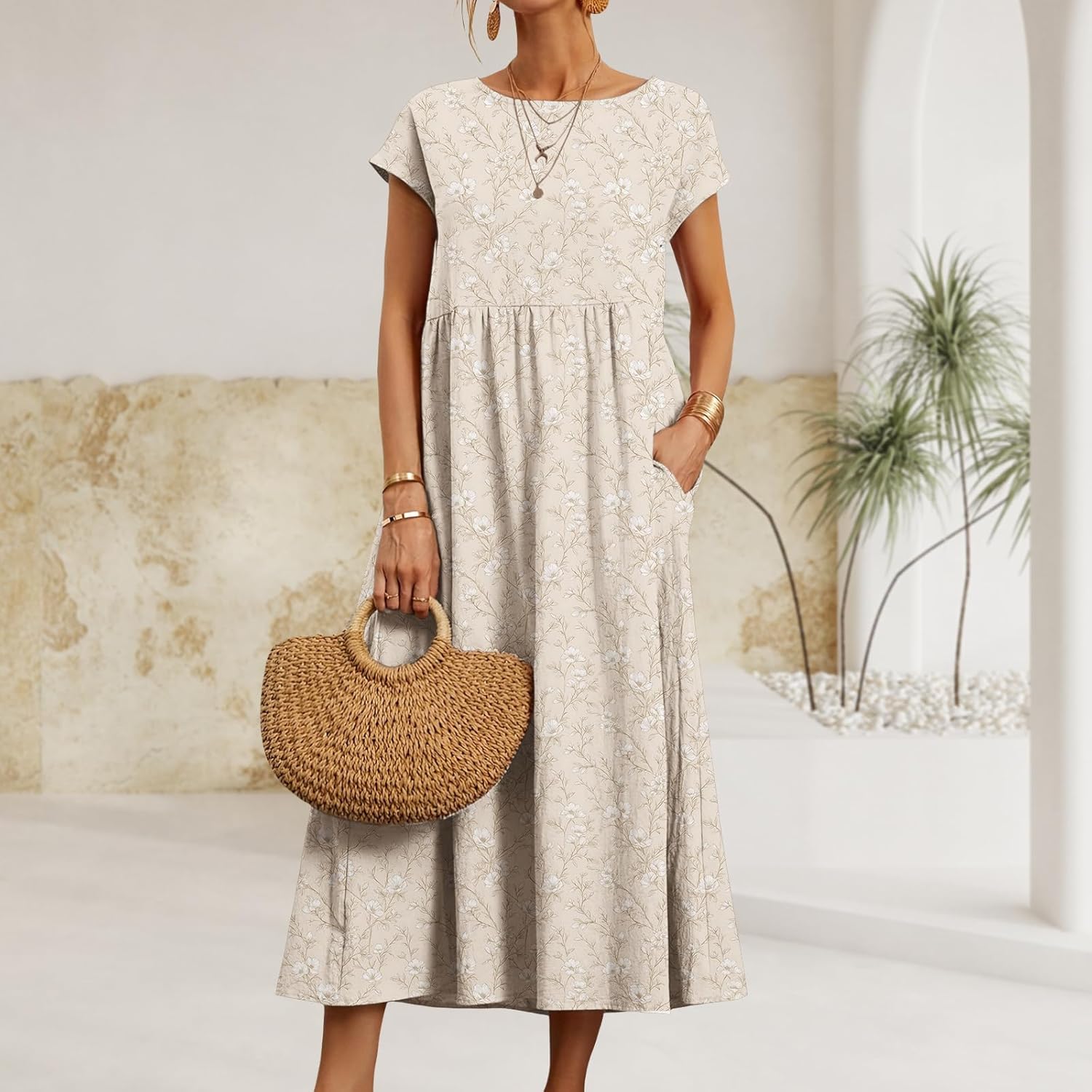 Zhyaj Women's Boho Chic Floral Print Loose Dress Summer Casual Crewneck Short Sleeve Flowy Long Dresses with Pockets