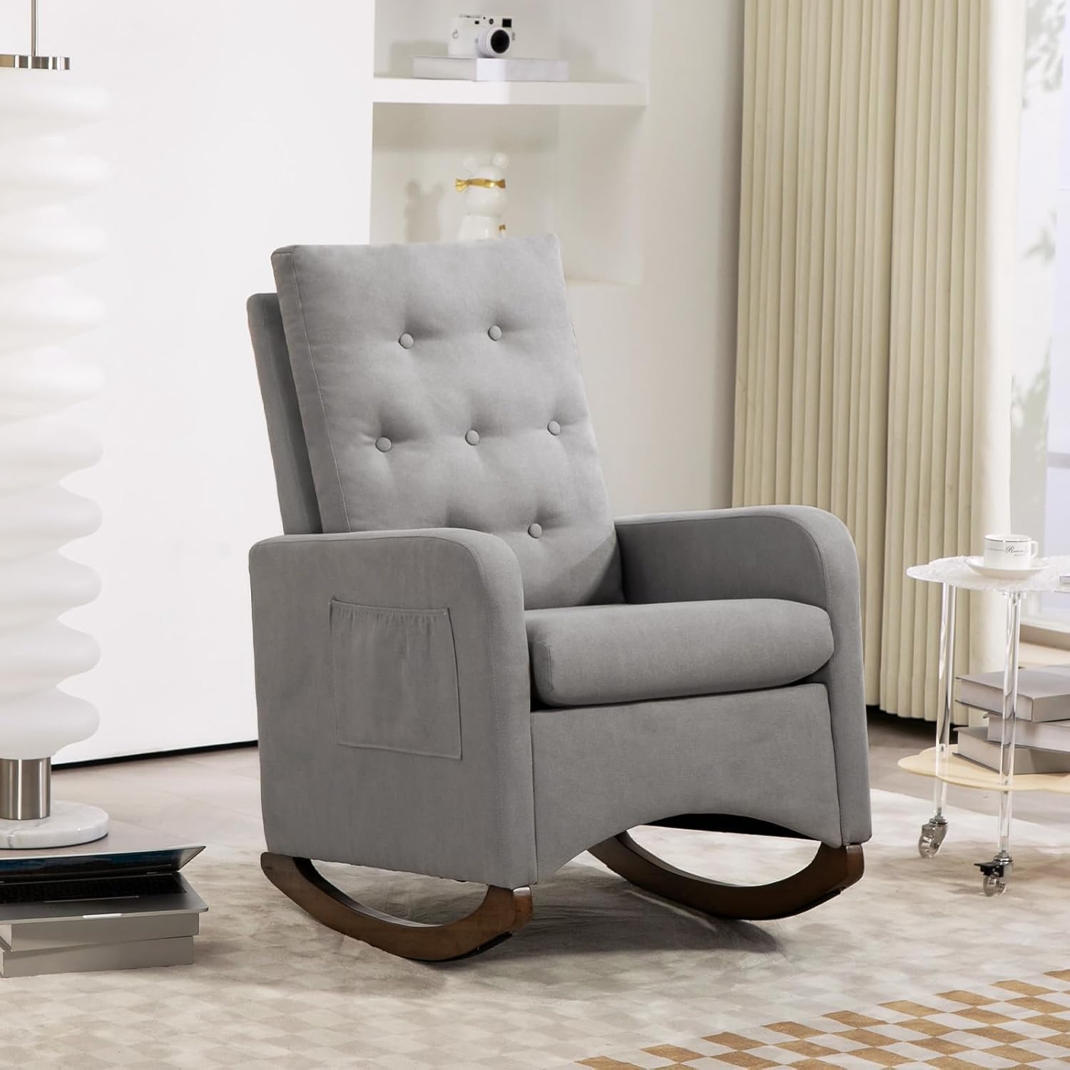 Nursery Rocking Chair, Comfy Upholstered Glider Rocker Armchair with Rubber Wood Legs High Back and Side Pocket for Living Room Bedroom, Deep Grey