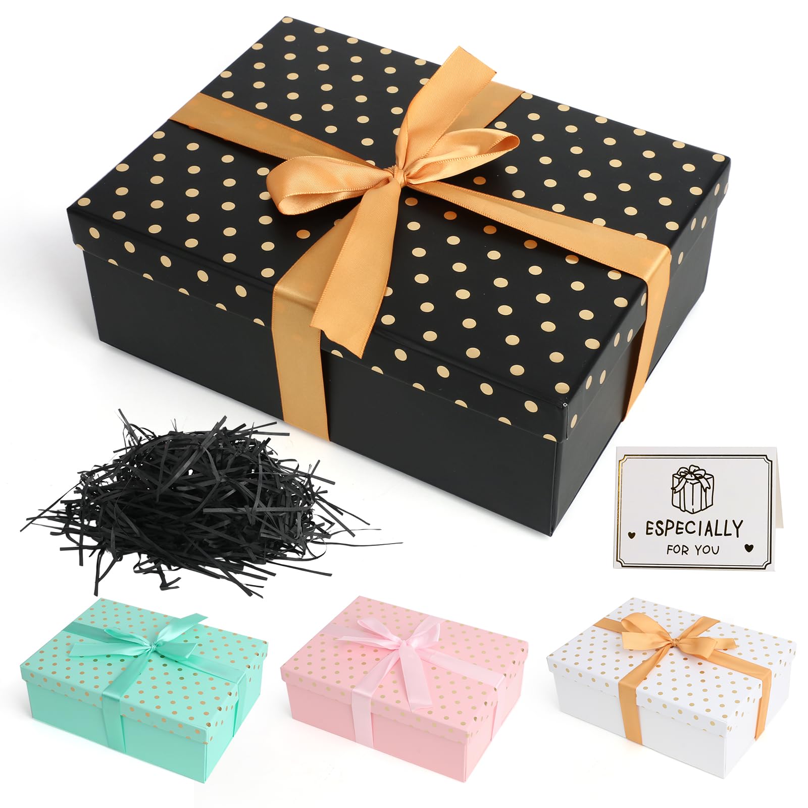 Black Gift Boxes with Lids Large Gift Boxes for Presents Gold Dots Foldable Present Boxes with Card, Shredded Paper, Ribbon for Valentines Day Christmas Birthday Anniversaries Weddings (Black)